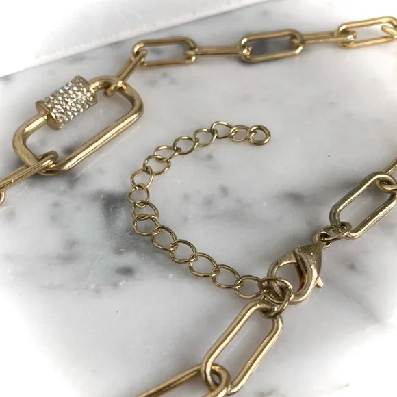 16" 18" Gold Rhinestone Carabiner Paperclip Chain Necklace Adjustable Medium - Picture 4 of 6